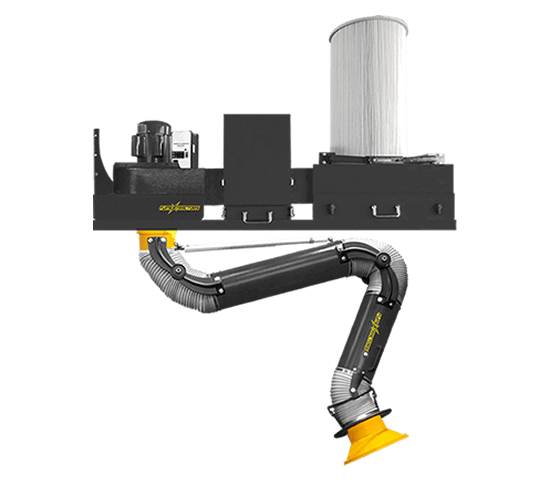 A wall mounted fume extractor with a heavy duty, powder coated steel shell, attached filter and flexible fume arm, and a spark trap for additional safety.