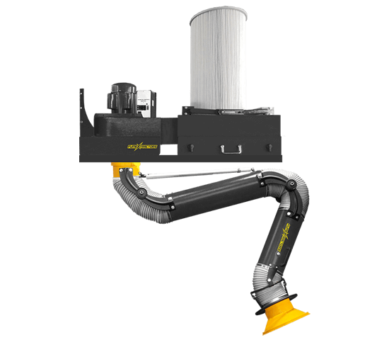 A plug and play, wall mounted fume extractor with a heavy duty, powder coated steel shell and attached filter and flexible fume arm.
