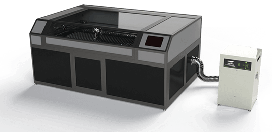 A render of a standard black laser cutter and engraver machine attached to a tan colored, portable fume extractor unit.