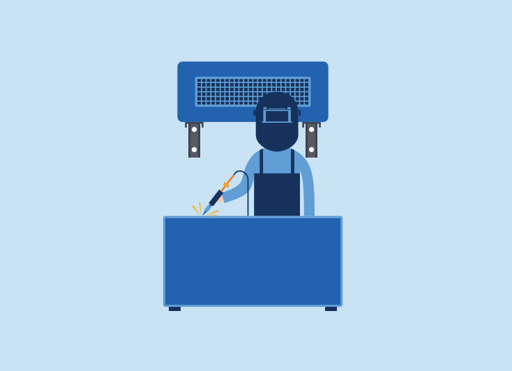 Illustration of a machine operator working while an ambient air cleaner works behind him.