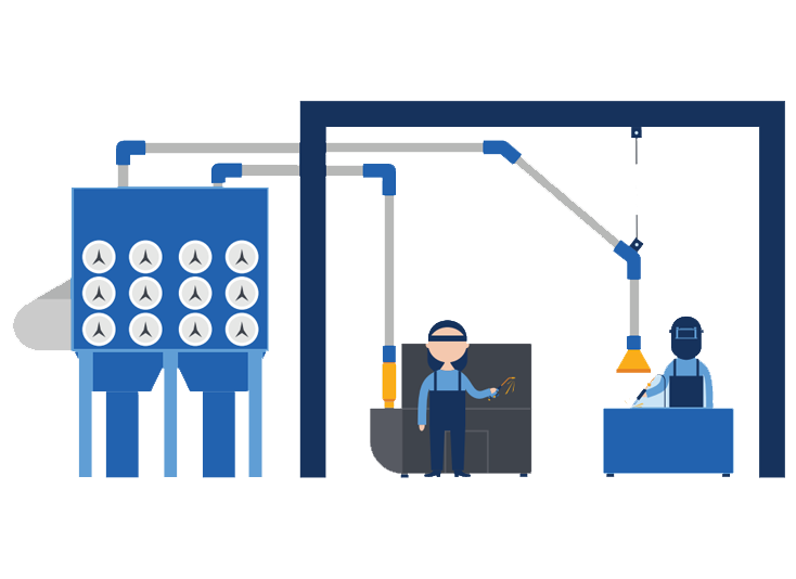 Illustration of machine operators working while using a central dust collector.